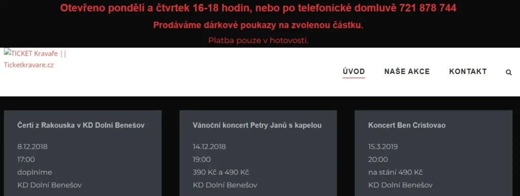 Web pro předprodej vstupenek